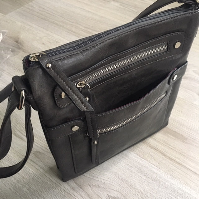 A-SHU LARGE GREY MULTI COMPARTMENT CROSSBODY BAG WITH LONG STRAP - A-SHU.CO.UK