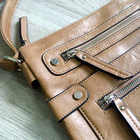 A-SHU LARGE TAUPE MULTI COMPARTMENT CROSSBODY BAG WITH LONG STRAP - A-SHU.CO.UK