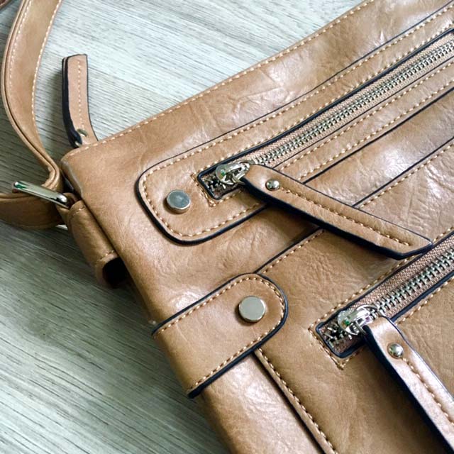 A-SHU LARGE TAUPE MULTI COMPARTMENT CROSSBODY BAG WITH LONG STRAP - A-SHU.CO.UK