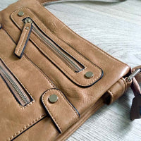 A-SHU LARGE TAUPE MULTI COMPARTMENT CROSSBODY BAG WITH LONG STRAP - A-SHU.CO.UK