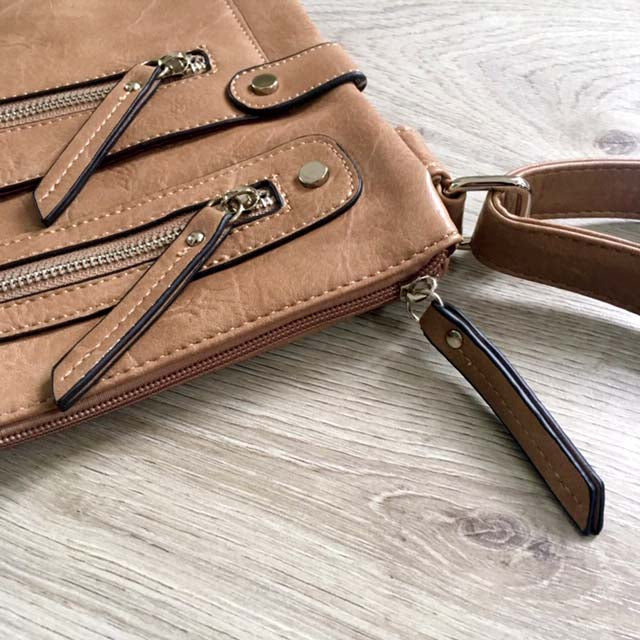 A-SHU LARGE TAUPE MULTI COMPARTMENT CROSSBODY BAG WITH LONG STRAP - A-SHU.CO.UK