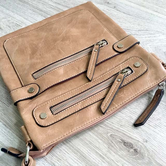 A-SHU LARGE TAUPE MULTI COMPARTMENT CROSSBODY BAG WITH LONG STRAP - A-SHU.CO.UK