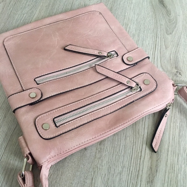 A-SHU LARGE BLUSH PINK MULTI COMPARTMENT CROSSBODY BAG WITH LONG STRAP - A-SHU.CO.UK