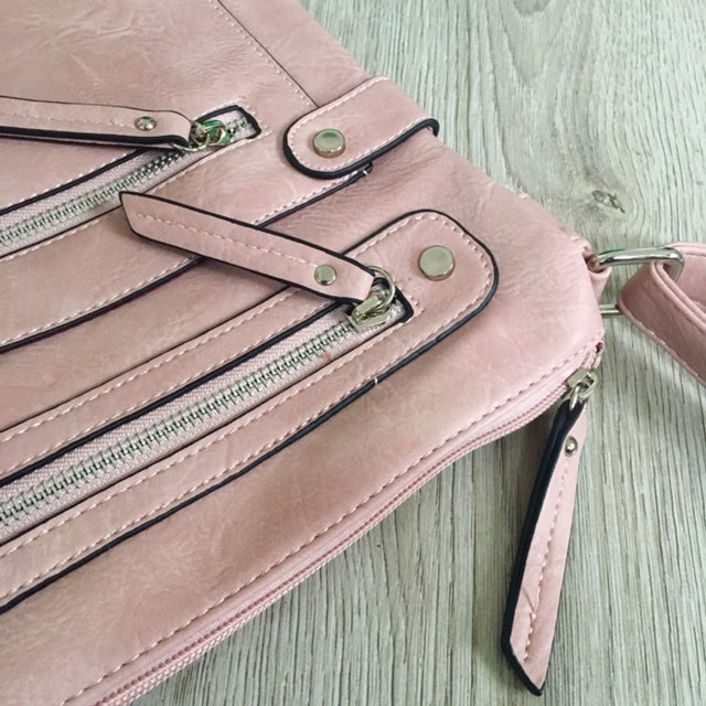 A-SHU LARGE BLUSH PINK MULTI COMPARTMENT CROSSBODY BAG WITH LONG STRAP - A-SHU.CO.UK