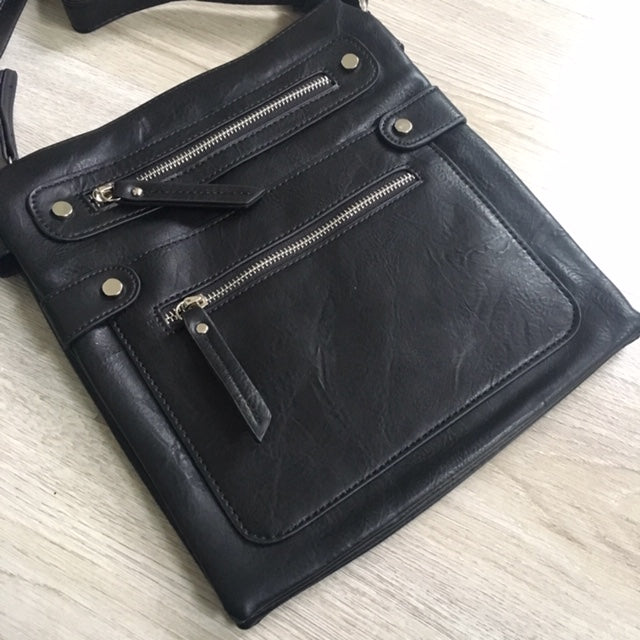 A-SHU LARGE BLACK MULTI COMPARTMENT CROSSBODY BAG WITH LONG STRAP - A-SHU.CO.UK