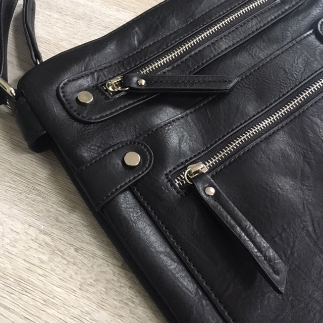 A-SHU LARGE BLACK MULTI COMPARTMENT CROSSBODY BAG WITH LONG STRAP - A-SHU.CO.UK