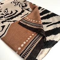 A-SHU LARGE CAMEL COTTON MIX TIGER AND LEOPARD PRINT SHAWL SCARF - A-SHU.CO.UK