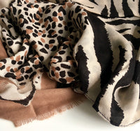 A-SHU LARGE CAMEL COTTON MIX TIGER AND LEOPARD PRINT SHAWL SCARF - A-SHU.CO.UK
