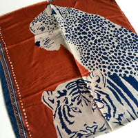 A-SHU LARGE ORANGE RUST COTTON MIX TIGER AND LEOPARD PRINT SHAWL SCARF - A-SHU.CO.UK