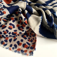 A-SHU LARGE ORANGE RUST COTTON MIX TIGER AND LEOPARD PRINT SHAWL SCARF - A-SHU.CO.UK