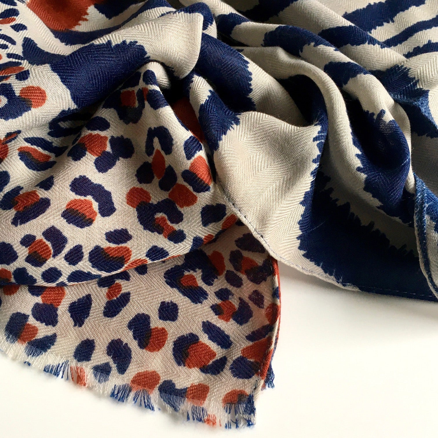 A-SHU LARGE ORANGE RUST COTTON MIX TIGER AND LEOPARD PRINT SHAWL SCARF - A-SHU.CO.UK