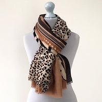 A-SHU LARGE CAMEL COTTON MIX TIGER AND LEOPARD PRINT SHAWL SCARF - A-SHU.CO.UK