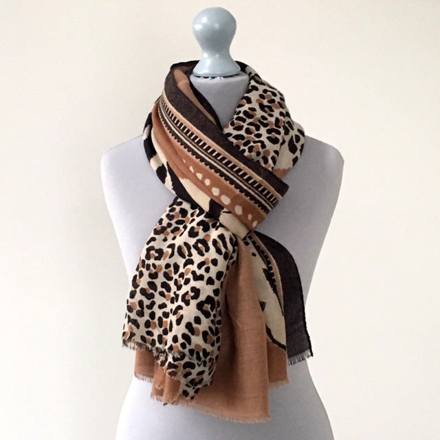 A-SHU LARGE CAMEL COTTON MIX TIGER AND LEOPARD PRINT SHAWL SCARF - A-SHU.CO.UK