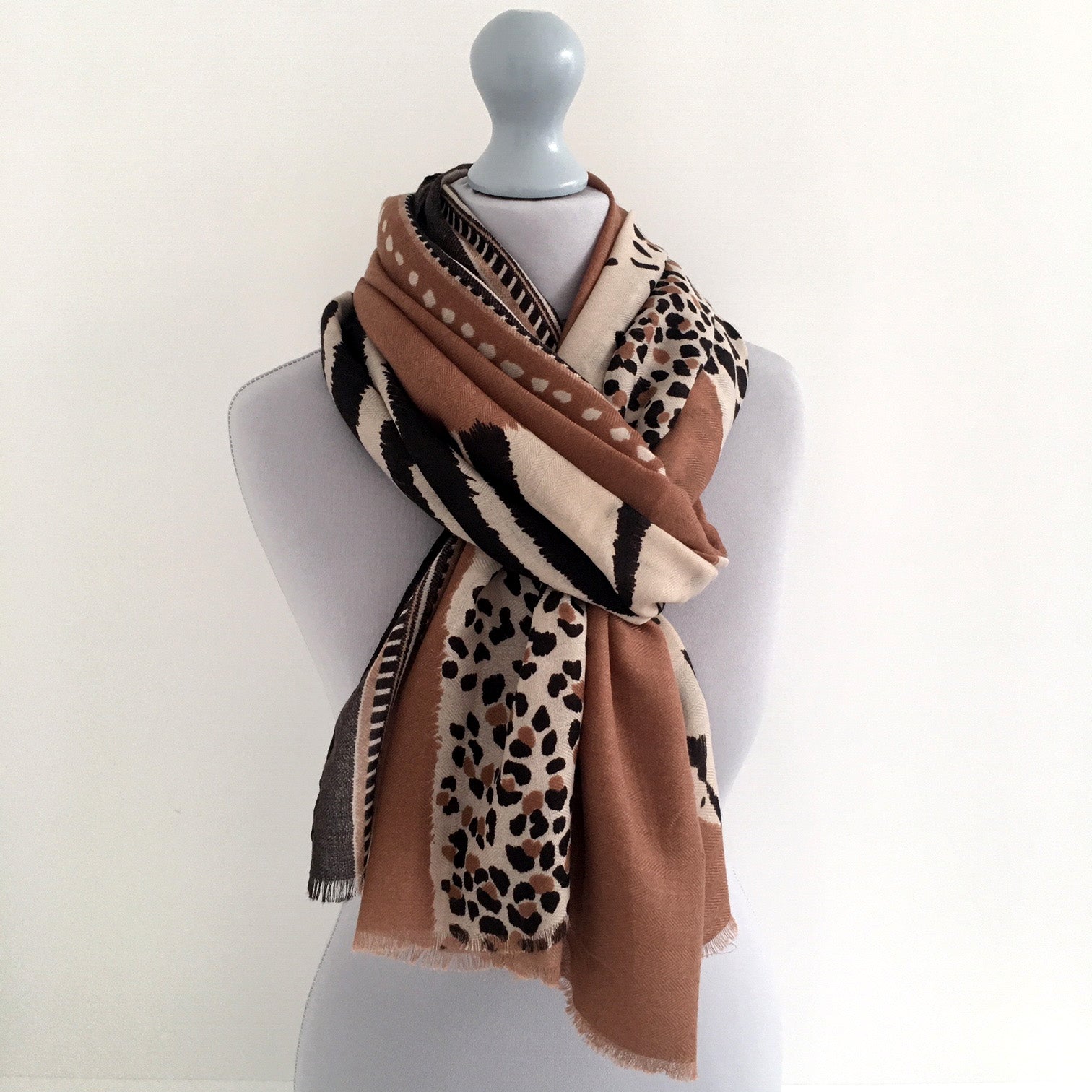 A-SHU LARGE CAMEL COTTON MIX TIGER AND LEOPARD PRINT SHAWL SCARF - A-SHU.CO.UK