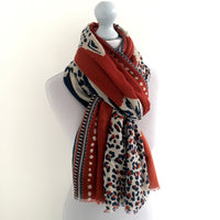 A-SHU LARGE ORANGE RUST COTTON MIX TIGER AND LEOPARD PRINT SHAWL SCARF - A-SHU.CO.UK
