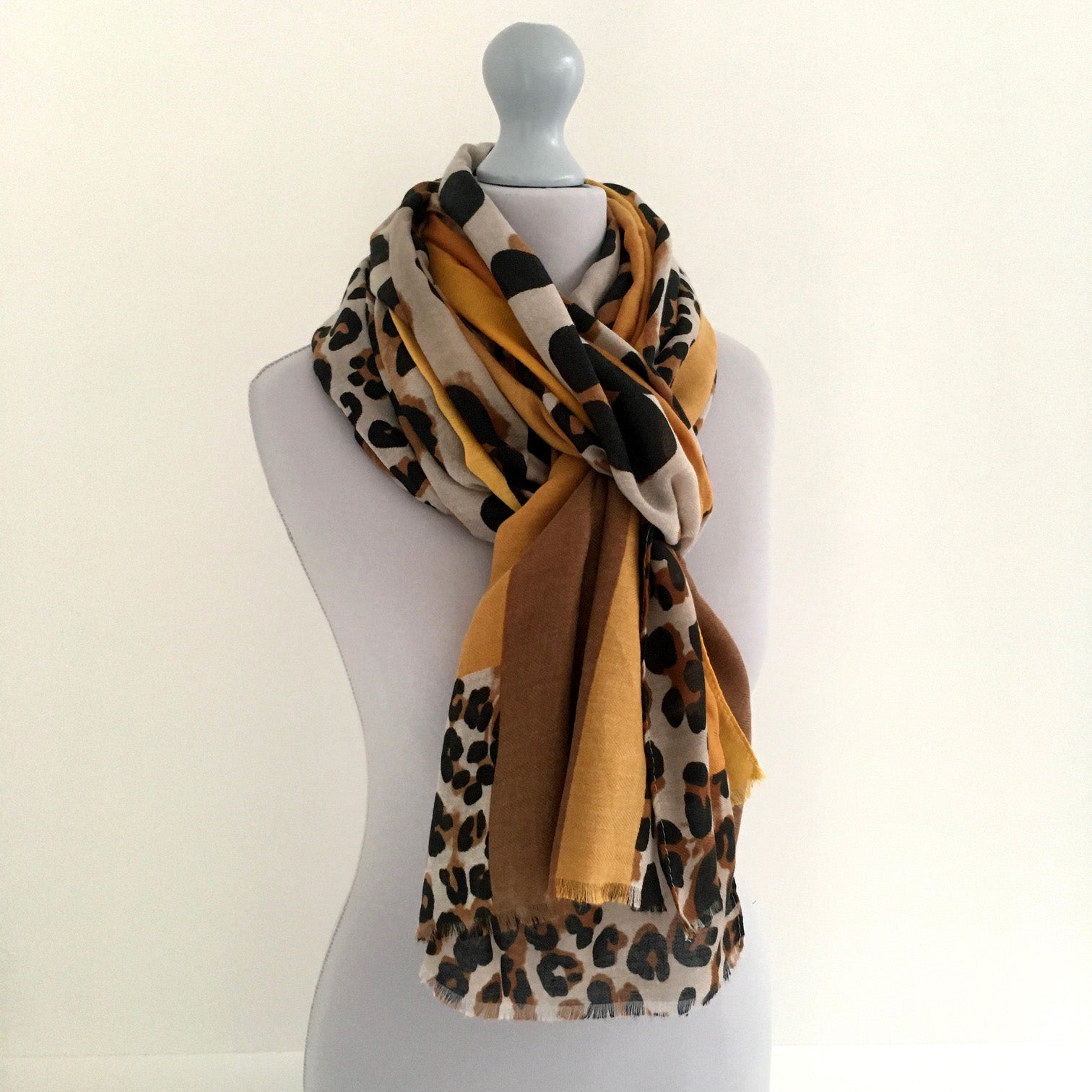A-SHU LARGE MUSTARD YELLOW BLOCK PRINT LEOPARD PRINT SHAWL SCARF - A-SHU.CO.UK