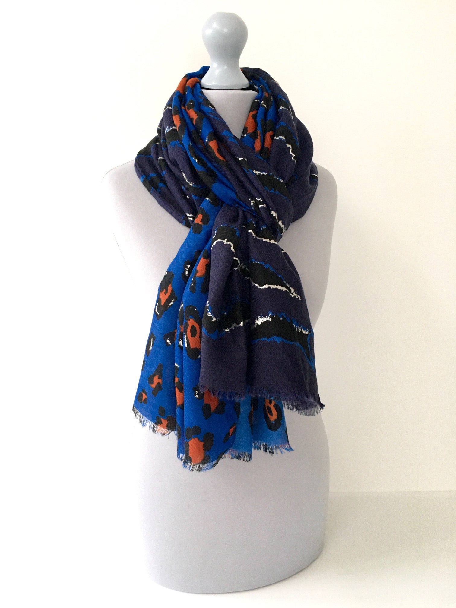 A-SHU LARGE BLUE ZEBRA AND LEOPARD PRINT SHAWL SCARF - A-SHU.CO.UK