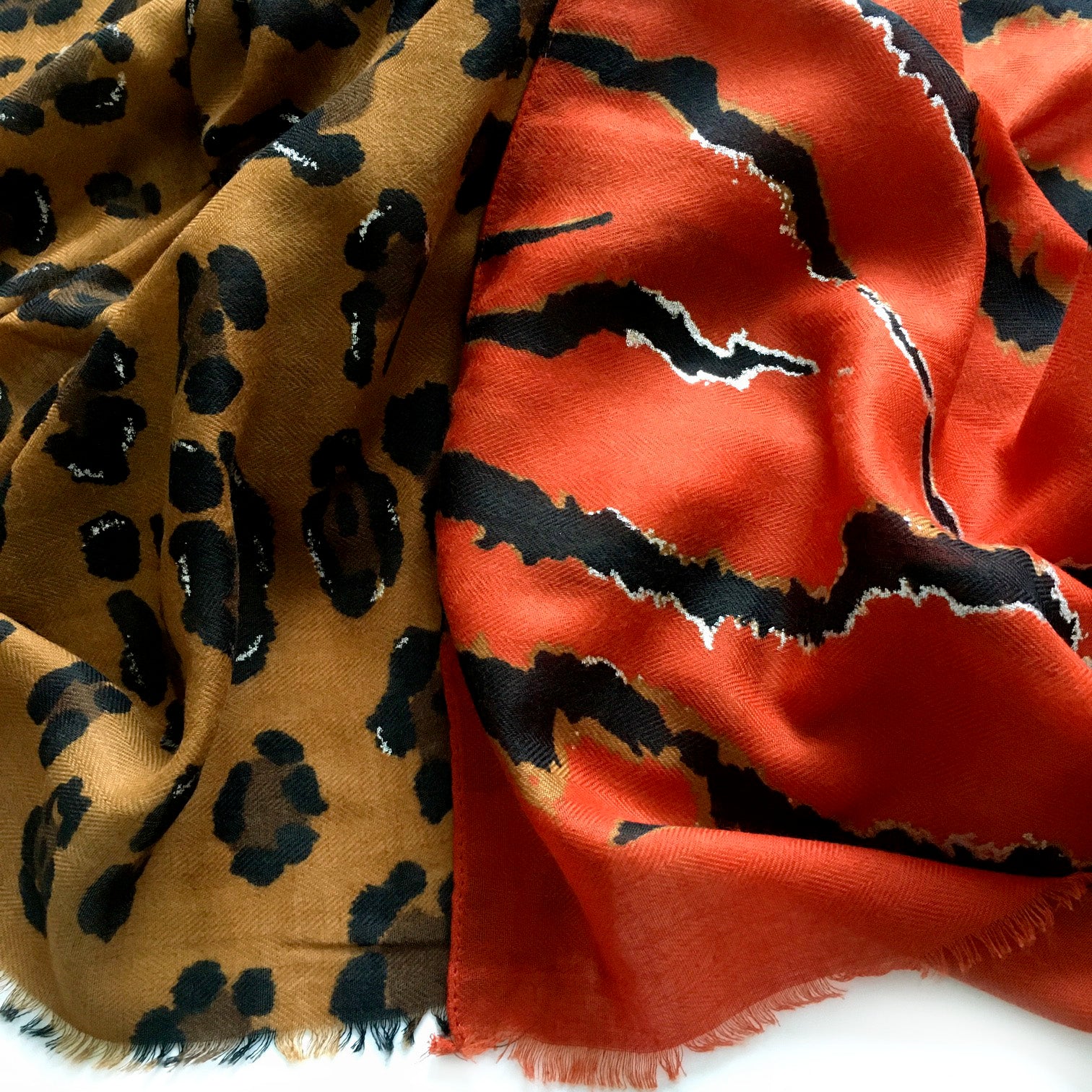 A-SHU LARGE DEEP ORANGE ZEBRA AND LEOPARD PRINT SHAWL SCARF - A-SHU.CO.UK