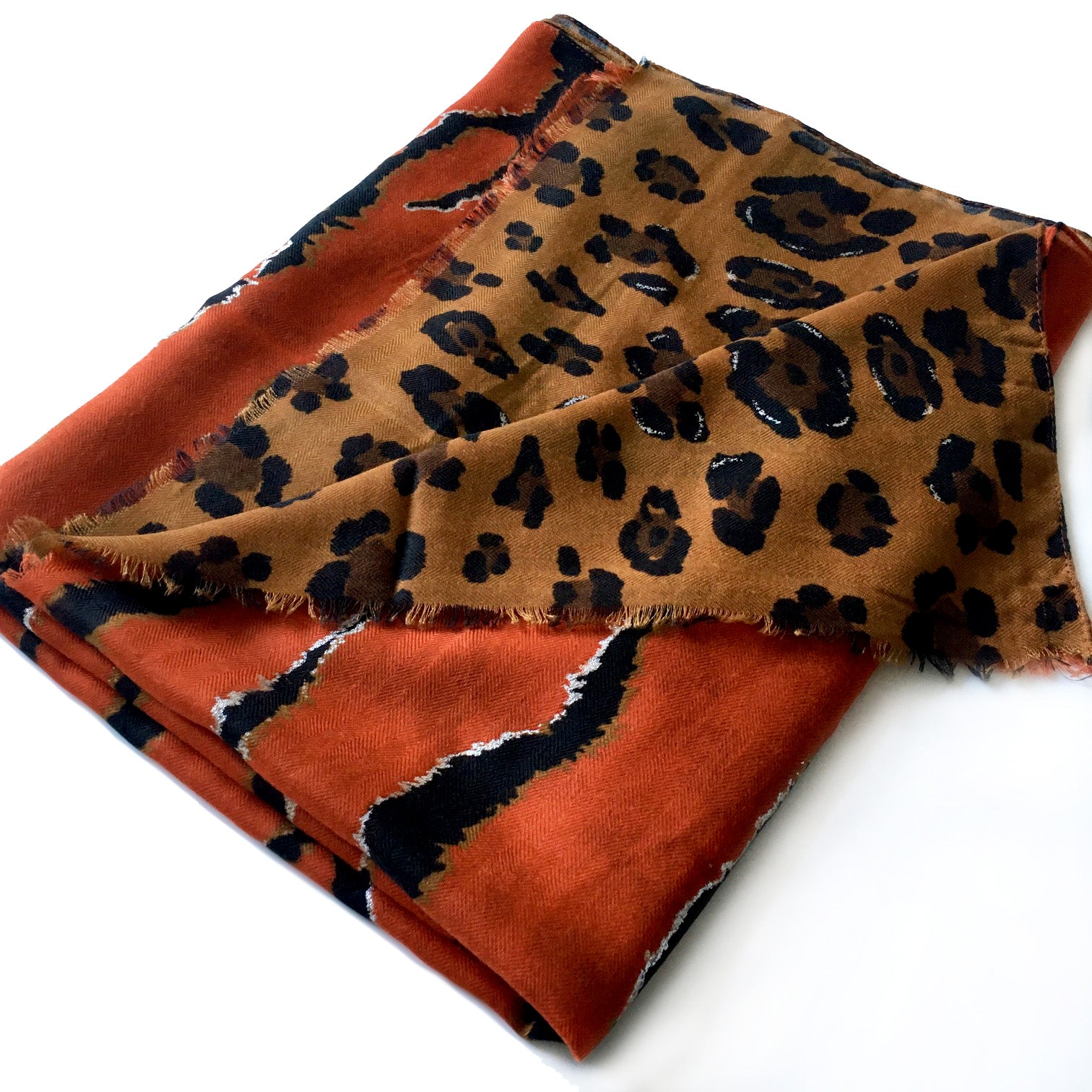 A-SHU LARGE DEEP ORANGE ZEBRA AND LEOPARD PRINT SHAWL SCARF - A-SHU.CO.UK