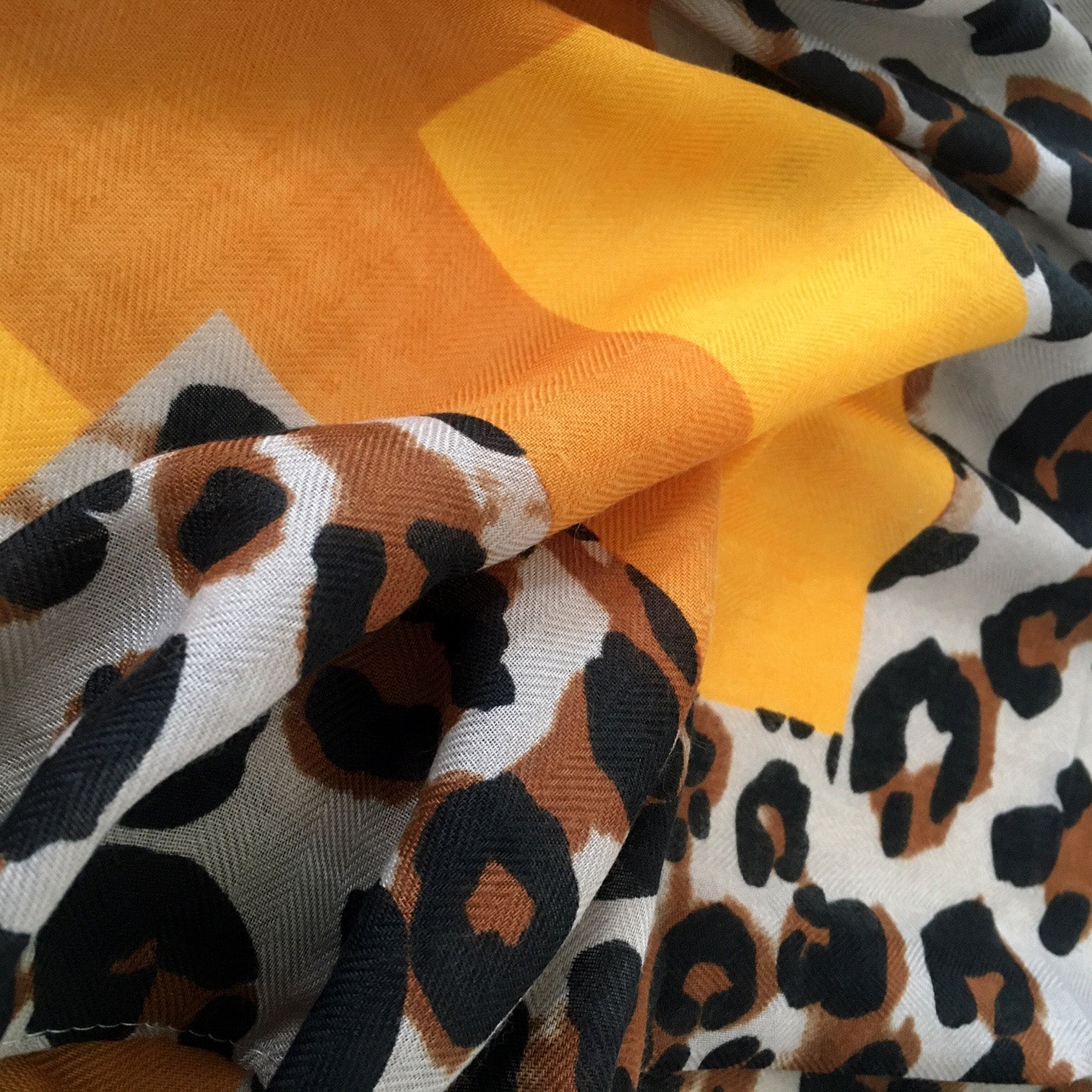 A-SHU LARGE MUSTARD YELLOW BLOCK PRINT LEOPARD PRINT SHAWL SCARF - A-SHU.CO.UK
