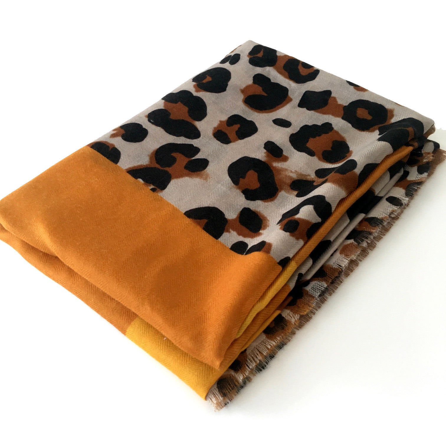 A-SHU LARGE MUSTARD YELLOW BLOCK PRINT LEOPARD PRINT SHAWL SCARF - A-SHU.CO.UK