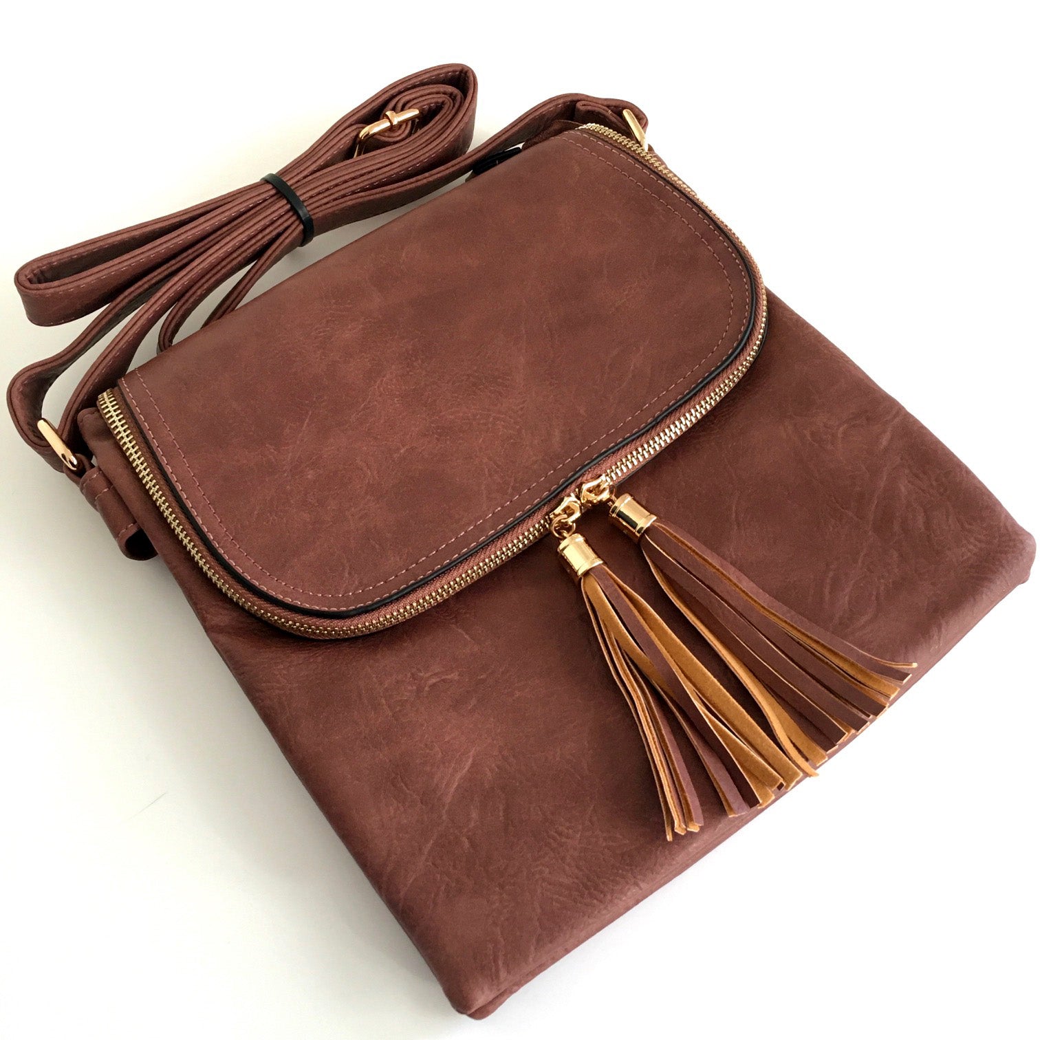 A-SHU LARGE DUSKY PINK TASSEL MULTI COMPARTMENT CROSS BODY SHOULDER BAG WITH LONG STRAP - A-SHU.CO.UK