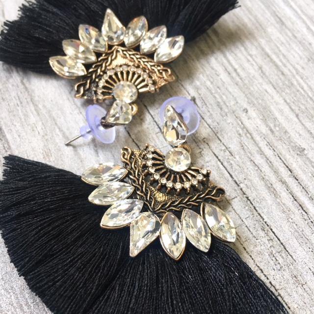 A-SHU BLACK LARGE DIAMANTE TASSEL / FRINGE EARRINGS - A-SHU.CO.UK