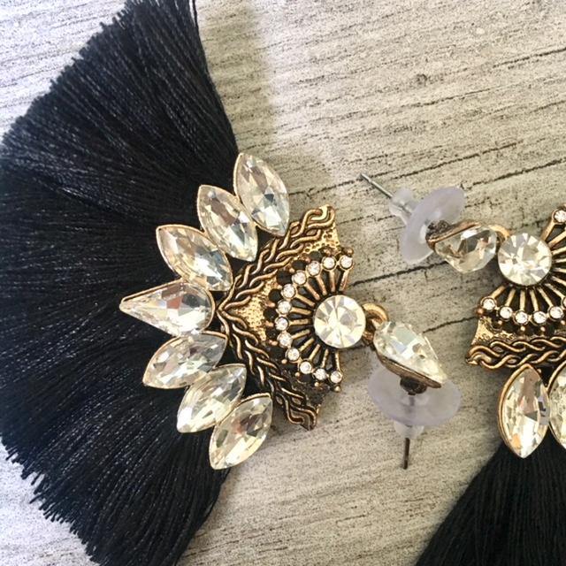 A-SHU BLACK LARGE DIAMANTE TASSEL / FRINGE EARRINGS - A-SHU.CO.UK