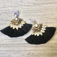 A-SHU BLACK LARGE DIAMANTE TASSEL / FRINGE EARRINGS - A-SHU.CO.UK