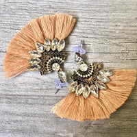 A-SHU NUDE CAMEL LARGE DIAMANTE TASSEL / FRINGE EARRINGS - A-SHU.CO.UK