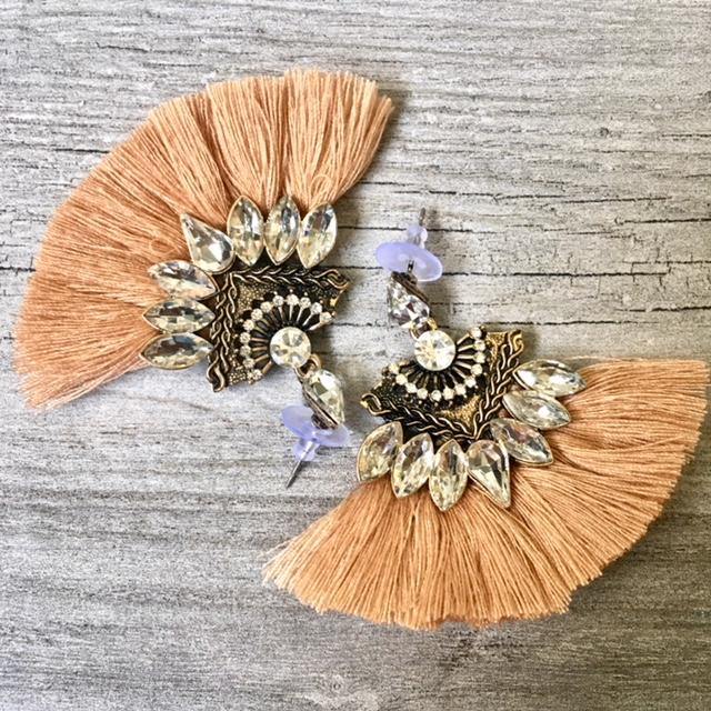 A-SHU NUDE CAMEL LARGE DIAMANTE TASSEL / FRINGE EARRINGS - A-SHU.CO.UK