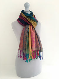 A-SHU LARGE RAINBOW MULTI COLOUR BLACK PAISLEY PRINT PASHMINA SHAWL SCARF - A-SHU.CO.UK