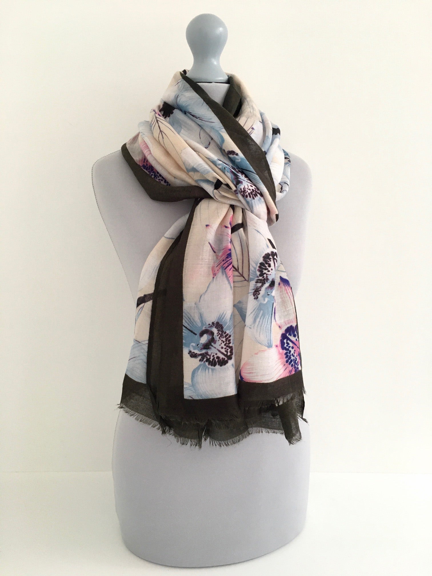 A-SHU LARGE DARK BROWN BORDER FLORAL PRINT SCARF - A-SHU.CO.UK
