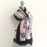 A-SHU LARGE DARK BROWN BORDER FLORAL PRINT SCARF - A-SHU.CO.UK