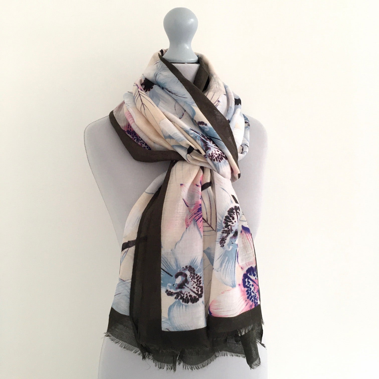 A-SHU LARGE DARK BROWN BORDER FLORAL PRINT SCARF - A-SHU.CO.UK
