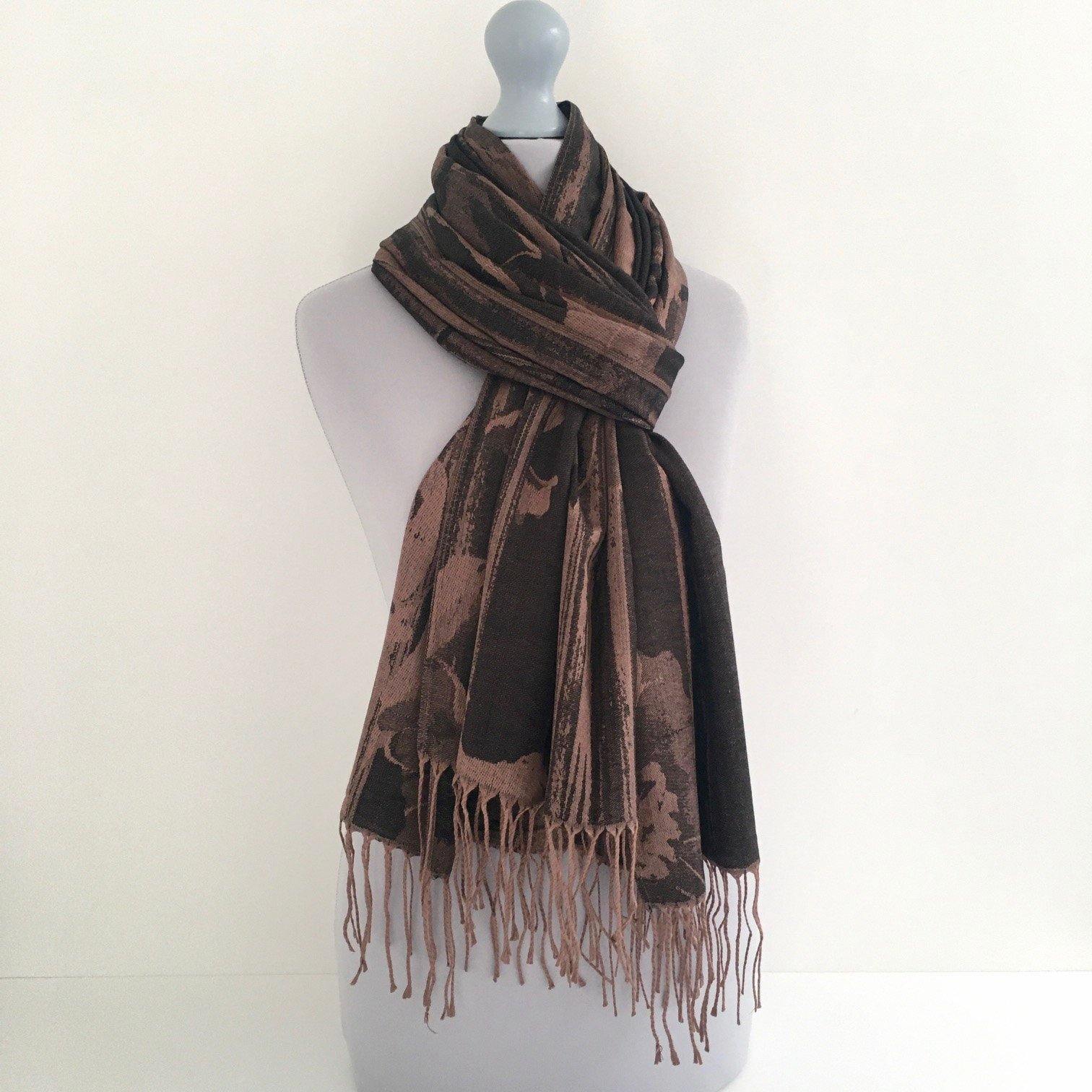 A-SHU BLACK BRONZE REVERSIBLE PASHMINA SHAWL SCARF IN ABSTRACT FLORAL PRINT - A-SHU.CO.UK