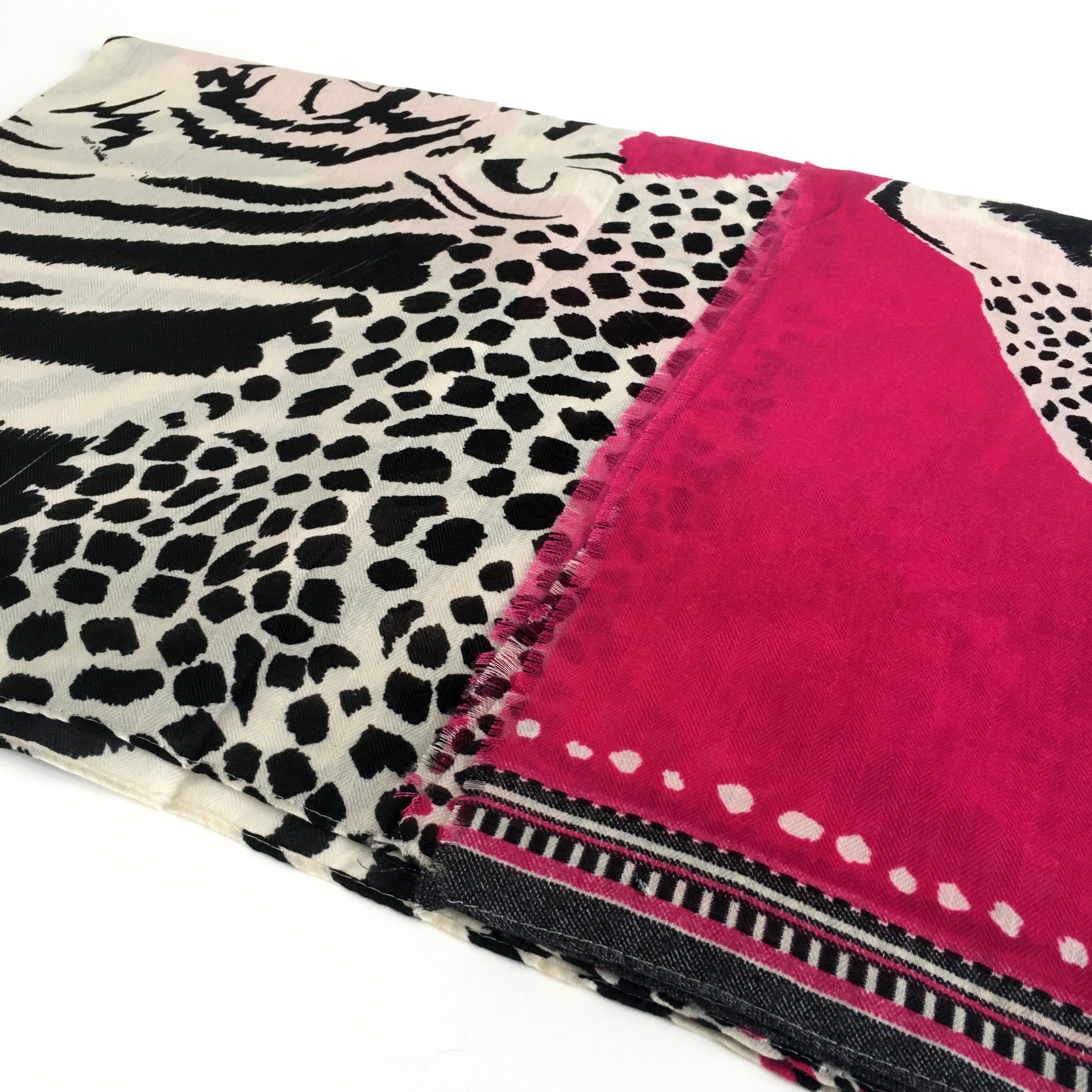A-SHU LARGE FUSCHIA PINK COTTON MIX TIGER AND LEOPARD PRINT SHAWL SCARF - A-SHU.CO.UK