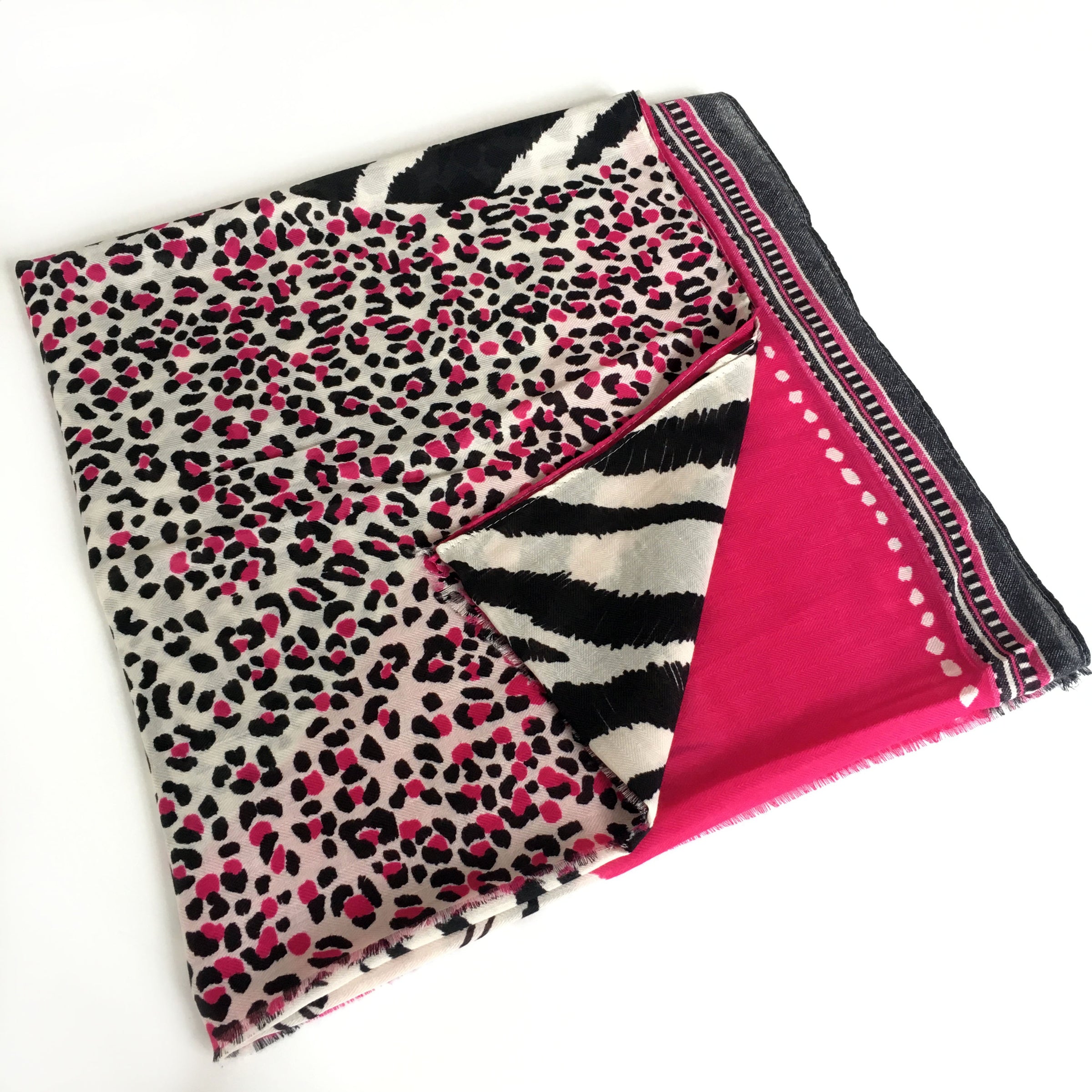 A-SHU LARGE FUSCHIA PINK COTTON MIX TIGER AND LEOPARD PRINT SHAWL SCARF - A-SHU.CO.UK