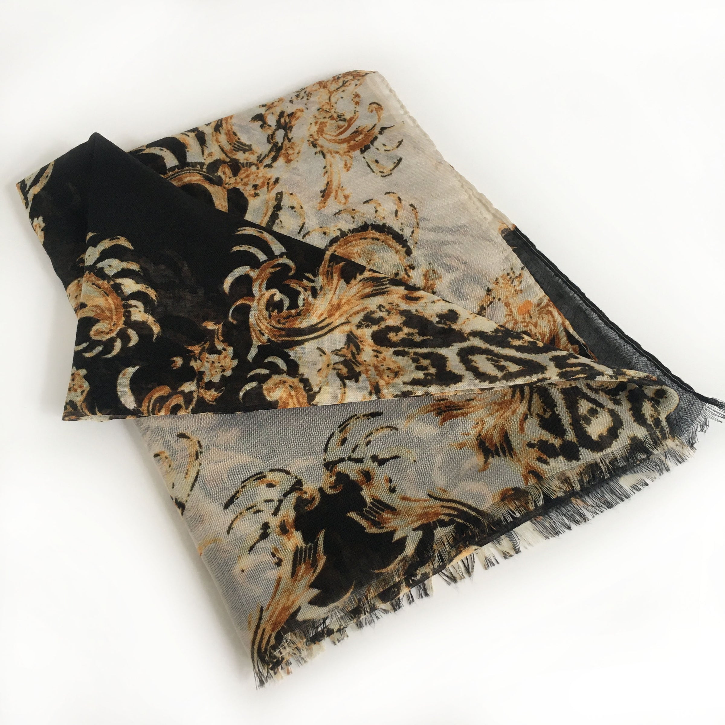 A-SHU LARGE BLACK VINTAGE LEOPARD PRINT SHAWL SCARF - A-SHU.CO.UK