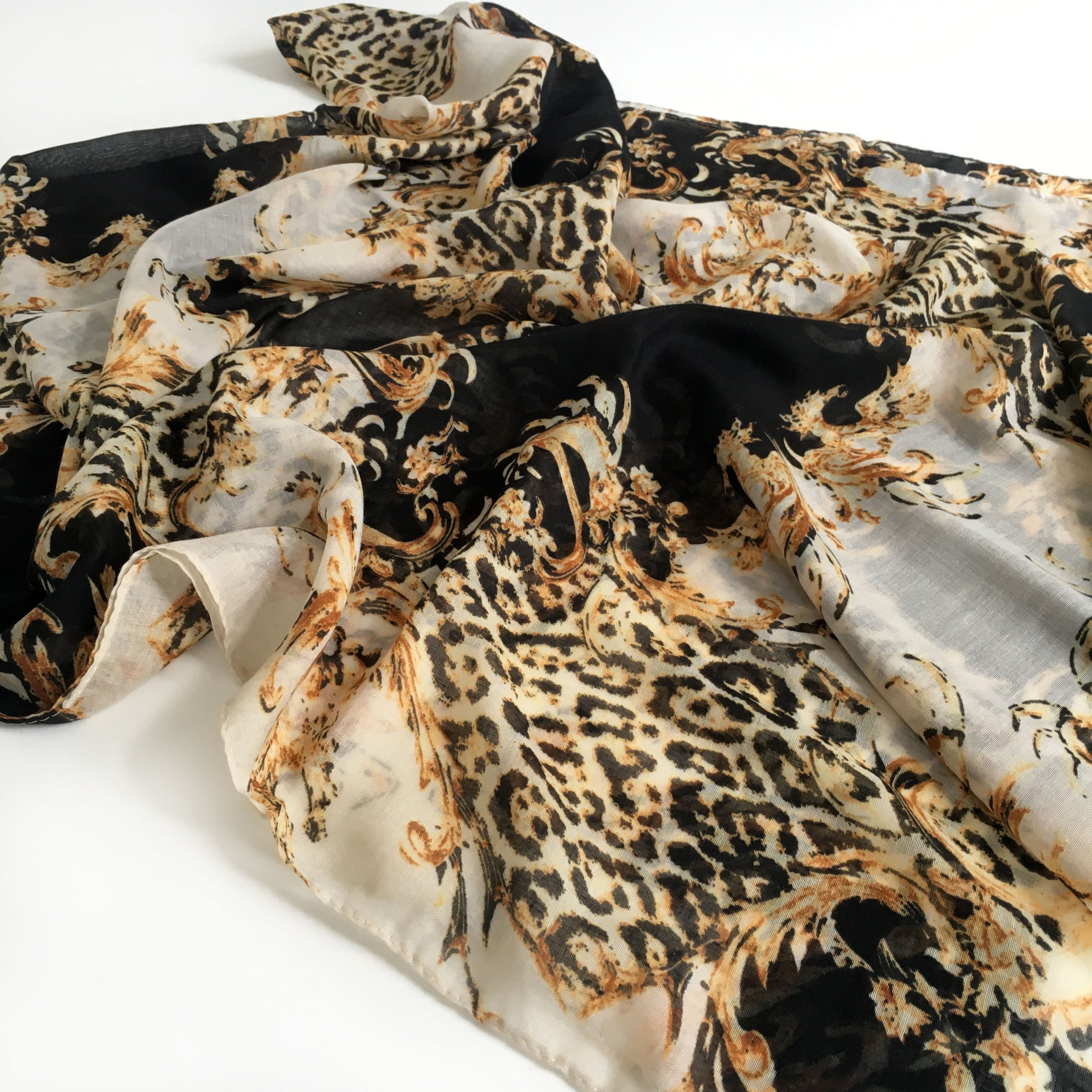 A-SHU LARGE BLACK VINTAGE LEOPARD PRINT SHAWL SCARF - A-SHU.CO.UK