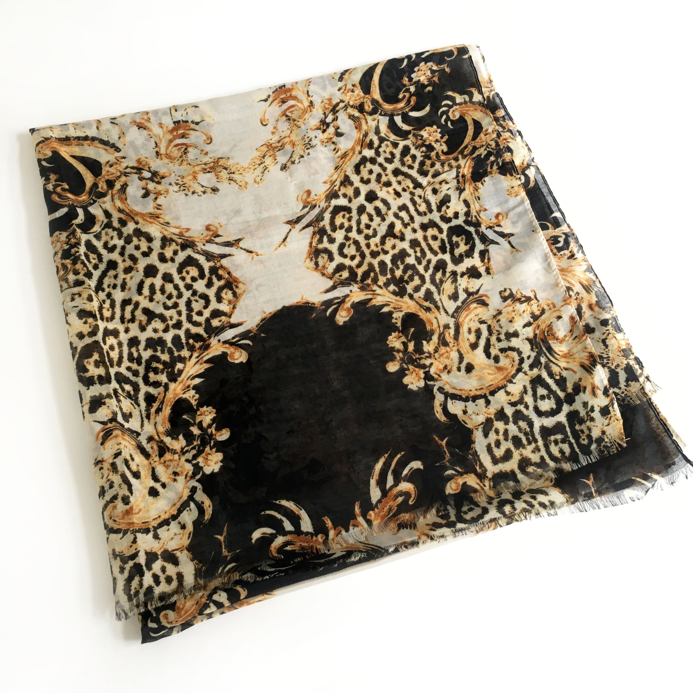 A-SHU LARGE BLACK VINTAGE LEOPARD PRINT SHAWL SCARF - A-SHU.CO.UK