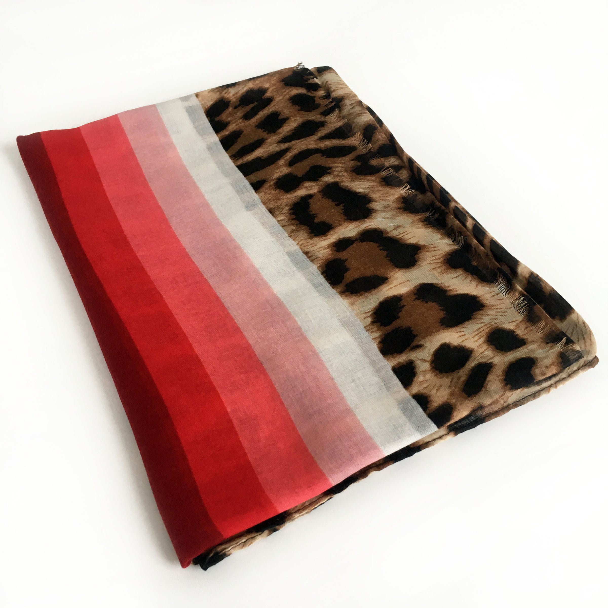 A-SHU LARGE LEOPARD PRINT SHAWL SCARF WITH RED STRIPES - A-SHU.CO.UK