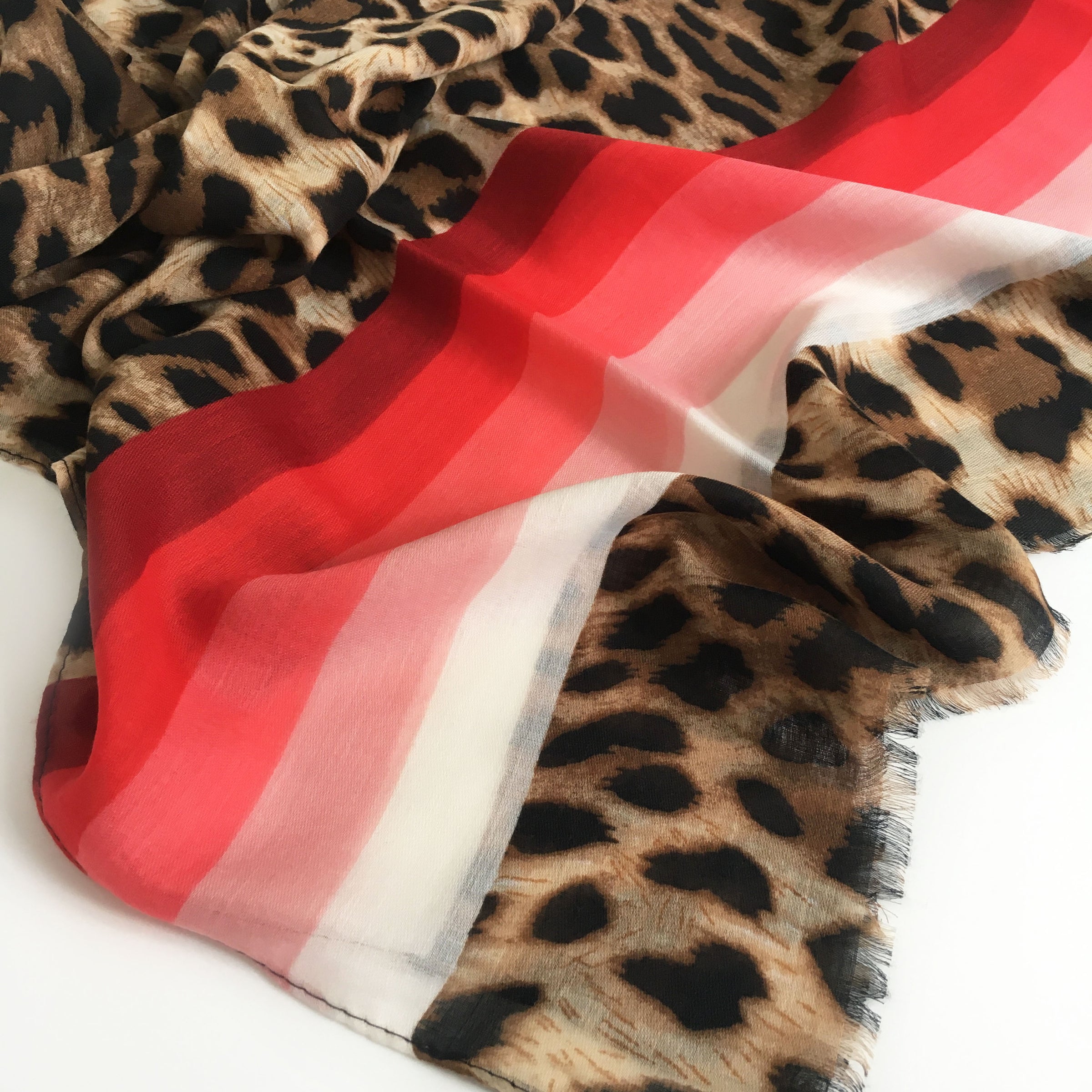A-SHU LARGE LEOPARD PRINT SHAWL SCARF WITH RED STRIPES - A-SHU.CO.UK