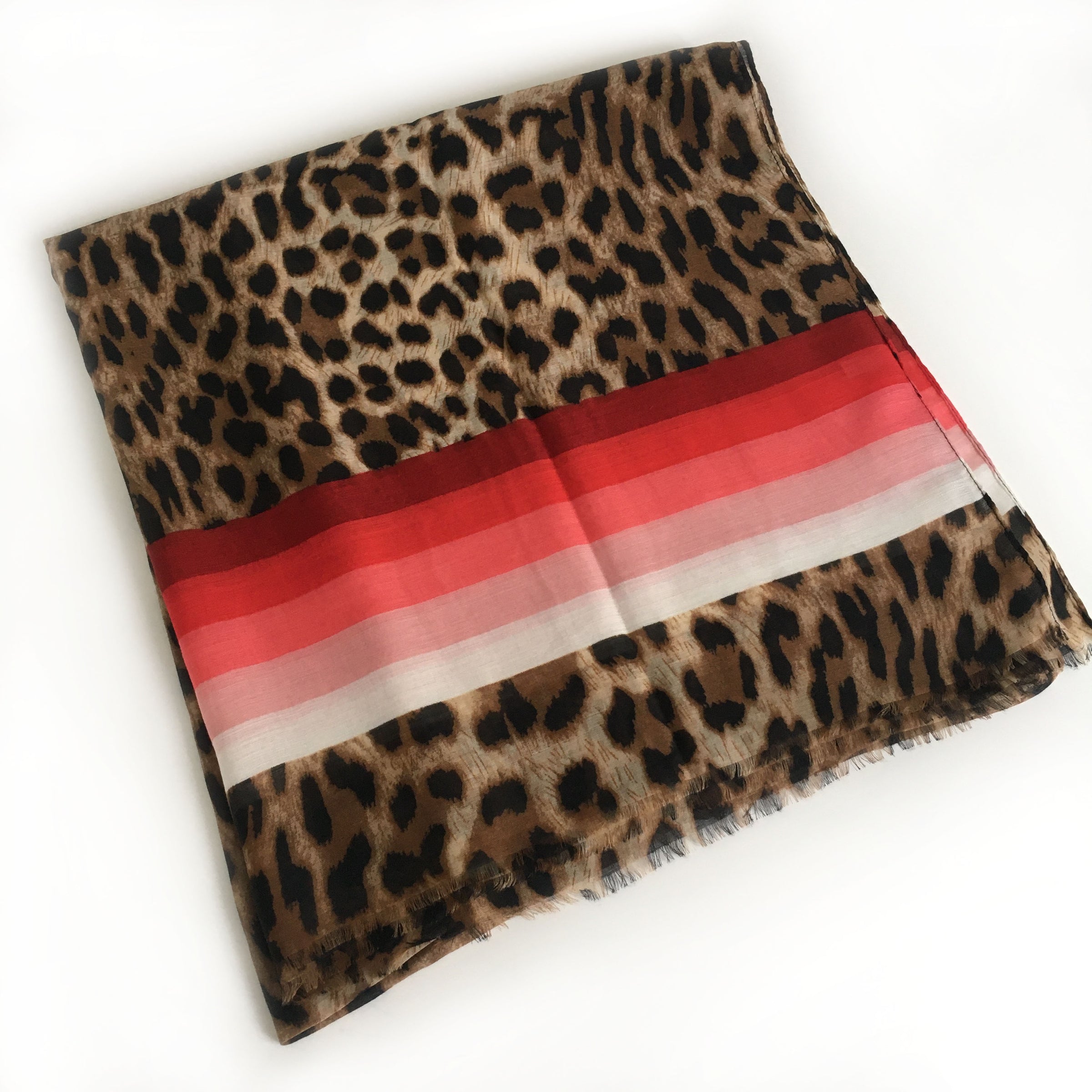 A-SHU LARGE LEOPARD PRINT SHAWL SCARF WITH RED STRIPES - A-SHU.CO.UK