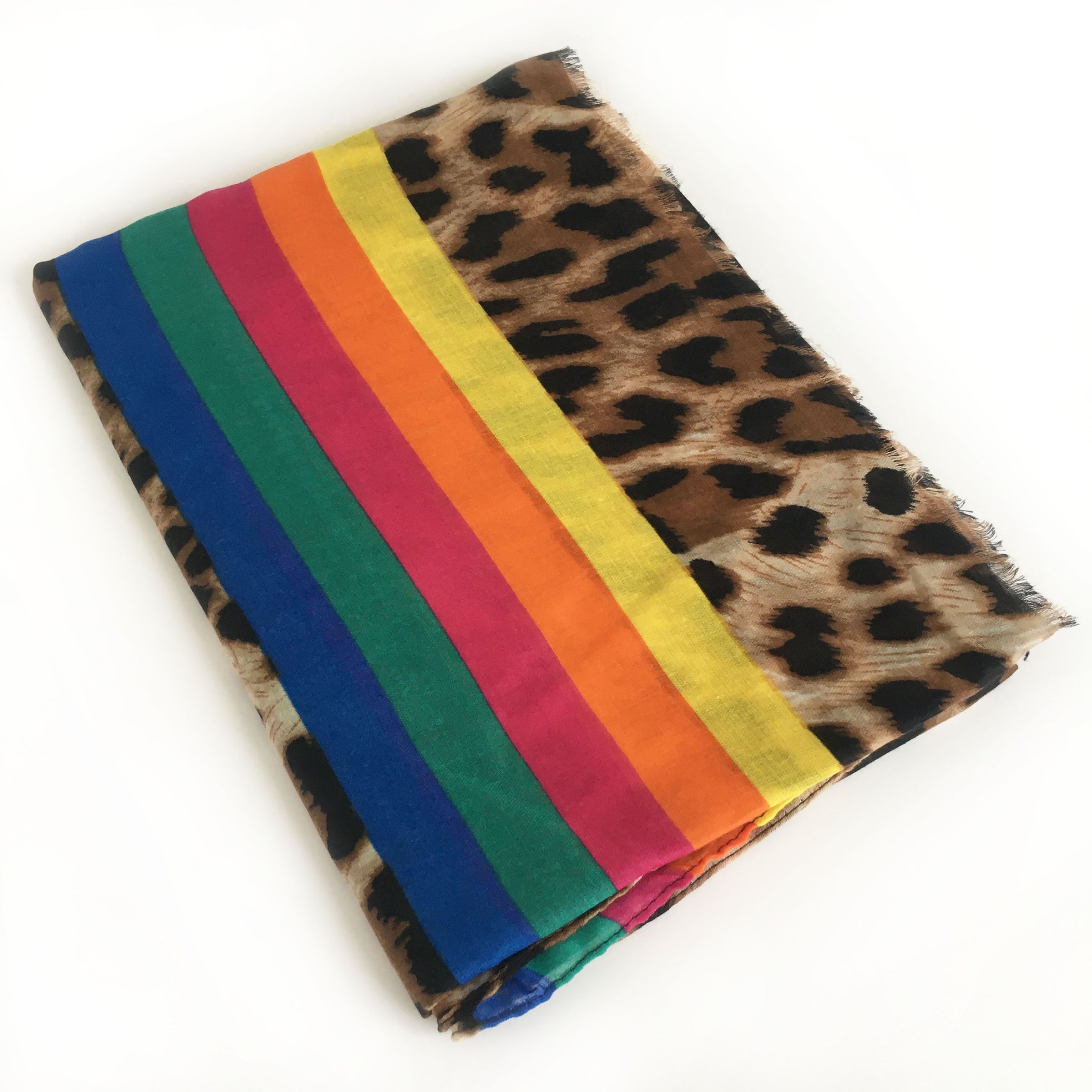 A-SHU LARGE LEOPARD PRINT SHAWL SCARF WITH MULTI COLOUR RAINBOW STRIPES - A-SHU.CO.UK