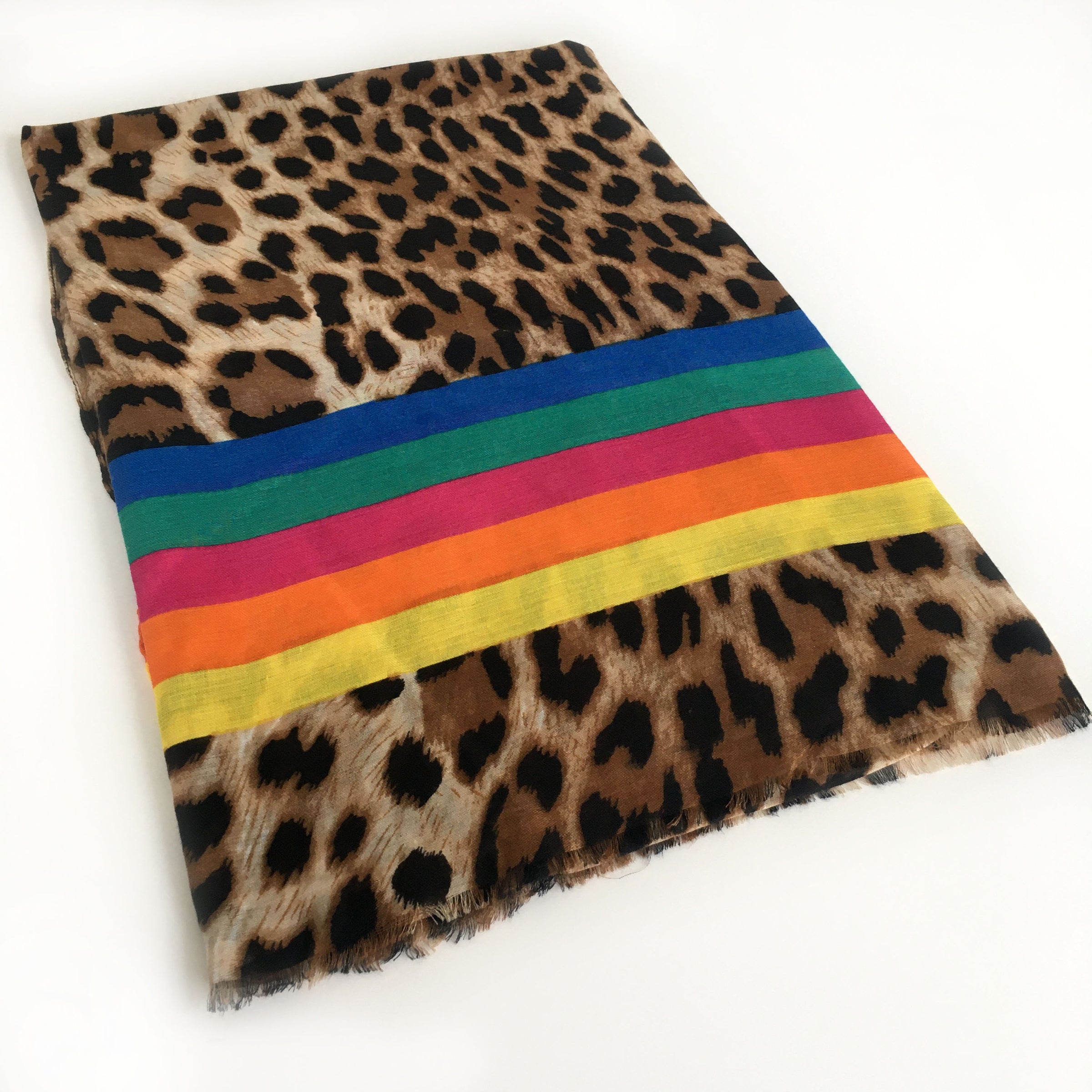 A-SHU LARGE LEOPARD PRINT SHAWL SCARF WITH MULTI COLOUR RAINBOW STRIPES - A-SHU.CO.UK