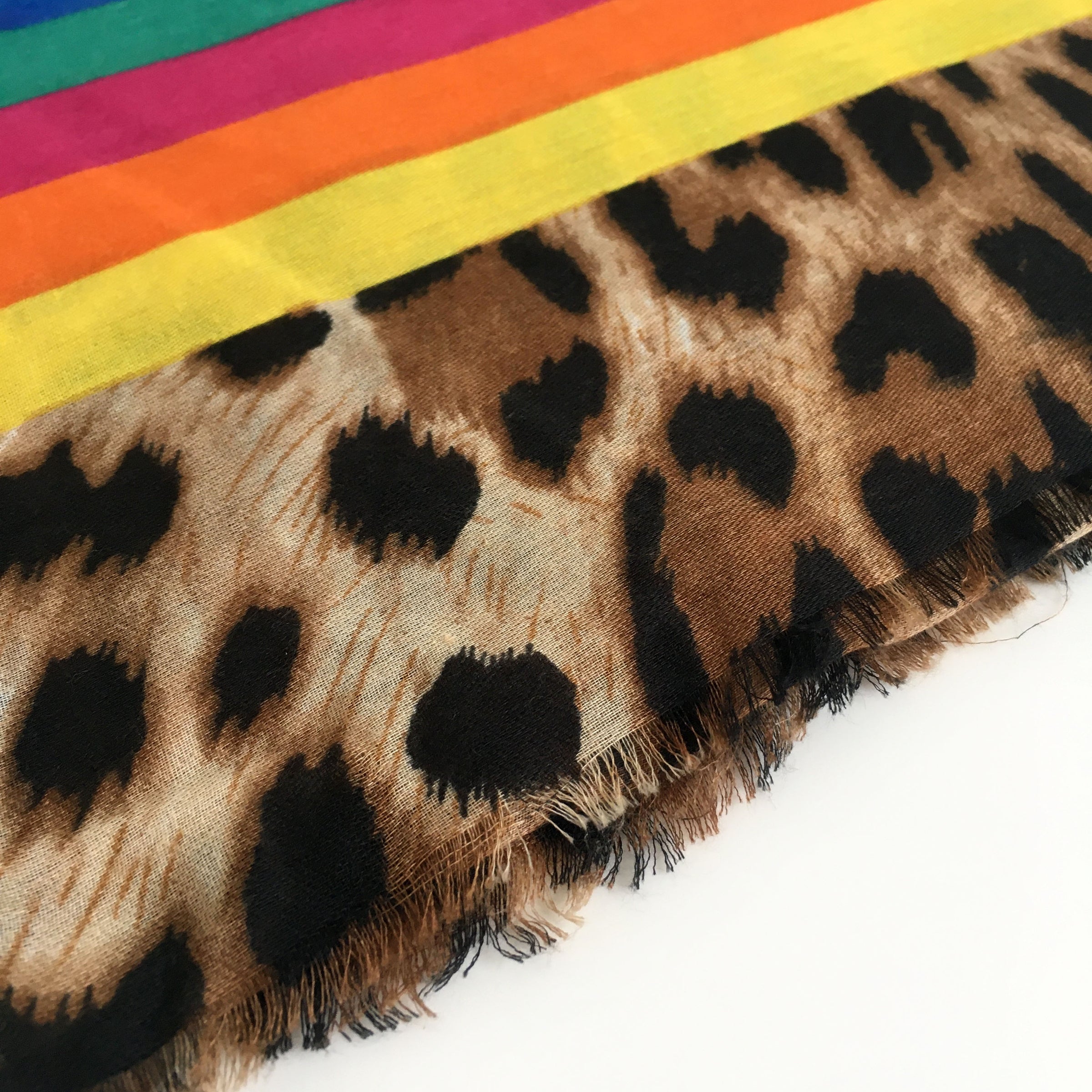 A-SHU LARGE LEOPARD PRINT SHAWL SCARF WITH MULTI COLOUR RAINBOW STRIPES - A-SHU.CO.UK