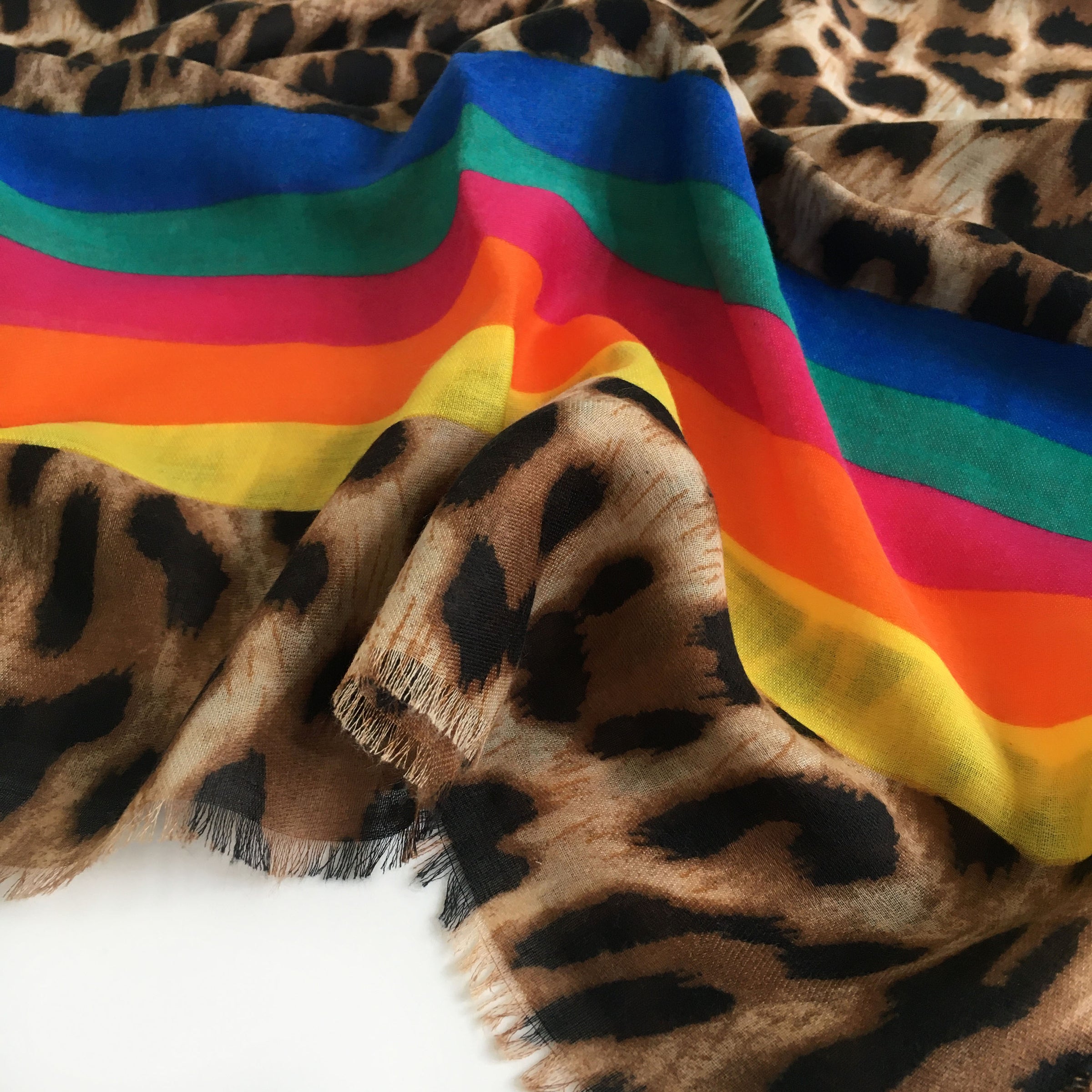 A-SHU LARGE LEOPARD PRINT SHAWL SCARF WITH MULTI COLOUR RAINBOW STRIPES - A-SHU.CO.UK