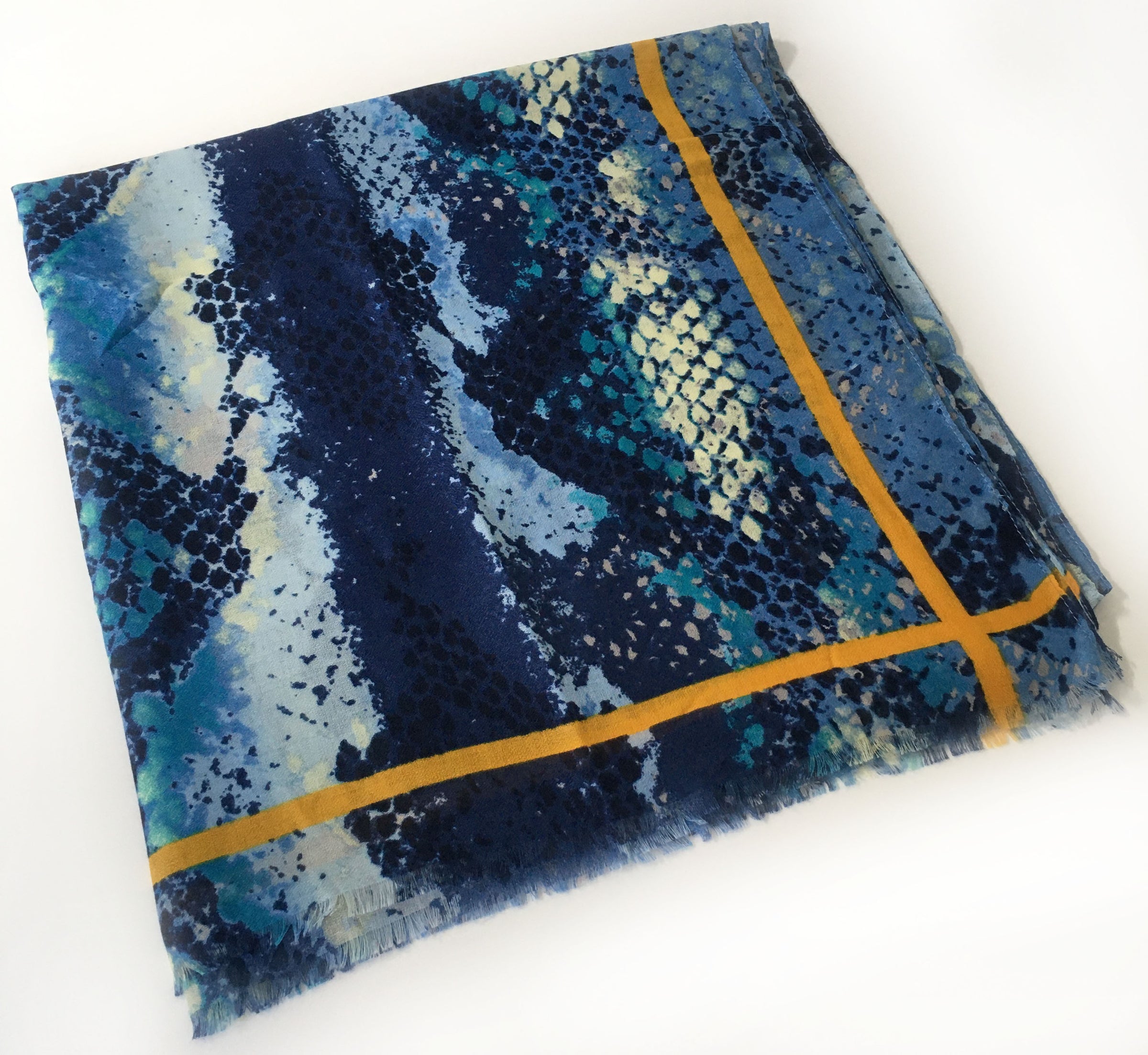 A-SHU LARGE BLUE SNAKESKIN PRINT SHAWL SCARF WITH STRIPE - A-SHU.CO.UK