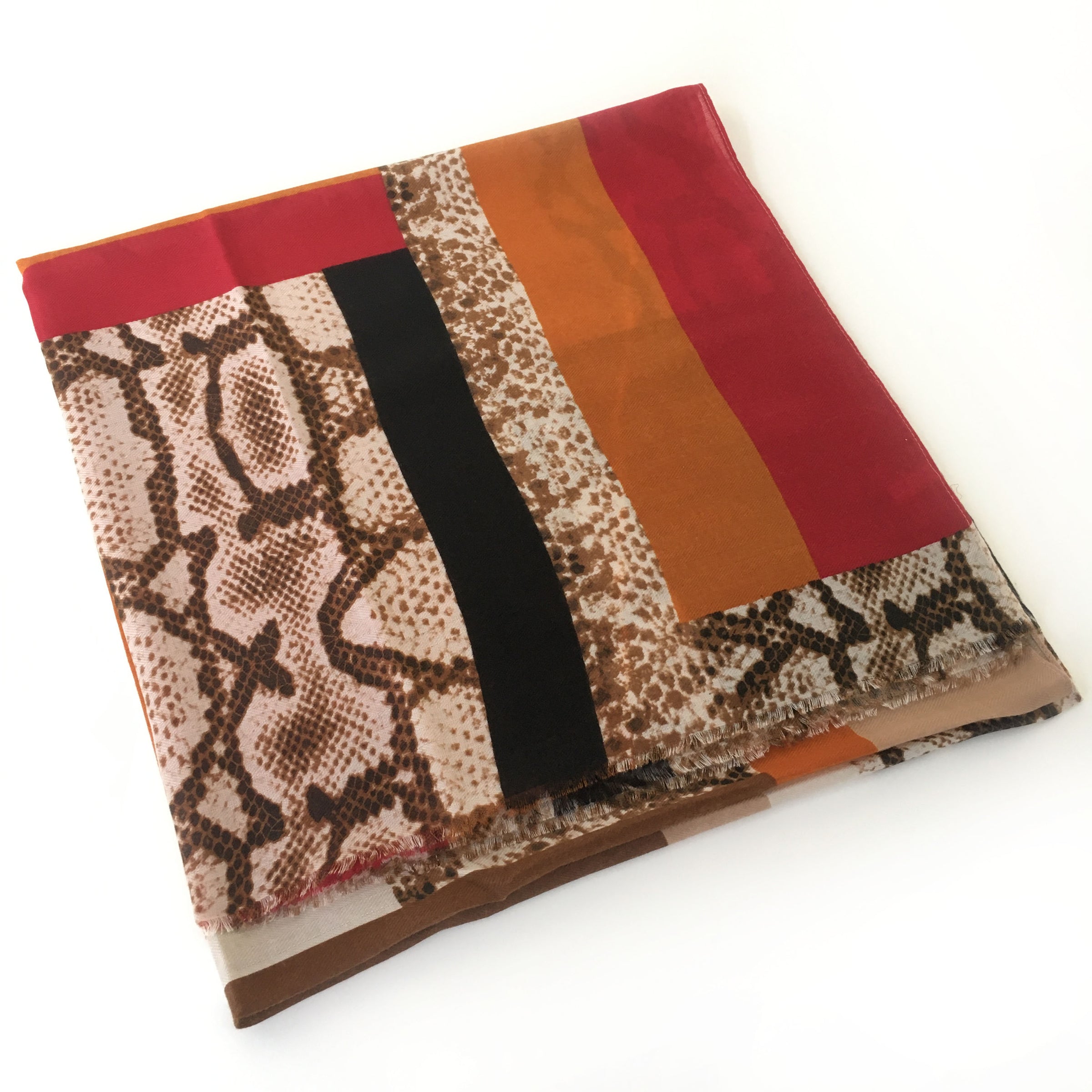 A-SHU LARGE RED BLOCK PRINT SNAKESKIN SHAWL SCARF - A-SHU.CO.UK